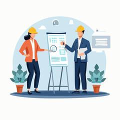 Two engineers in hard hats discussing a presentation board with charts and graphs, emphasizing teamwork and project planning in a modern office setting