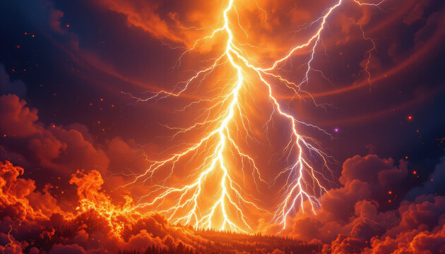 abstract wallpaper featuring fire and lightning storm explosions under golden hour, prismatic style, subject at the bottom with copy space at the top, optimized for photo use.