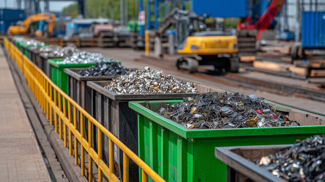 Industrial scene of metal sorting containers, varying sizes and heights filled with scrap metals, close-up, defocused background, visual display of recycling operation and material