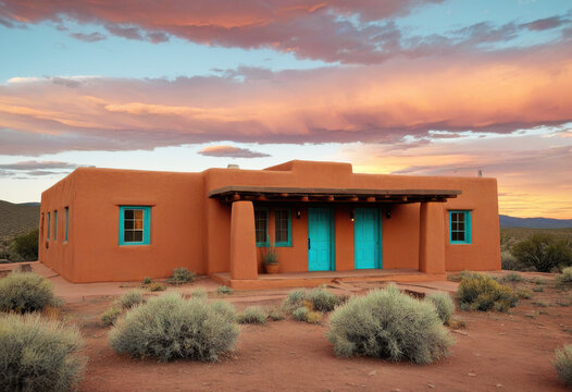 Clay house in New Mexico high desert, flat roof with vigas, earthy terracotta, turquoise door and windows, desert landscape with sagebrush, sunset