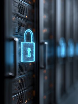 Cyber security 3D lock concept: Data protection in a secure server room, with a digital padlock, symbolizing secure storage.