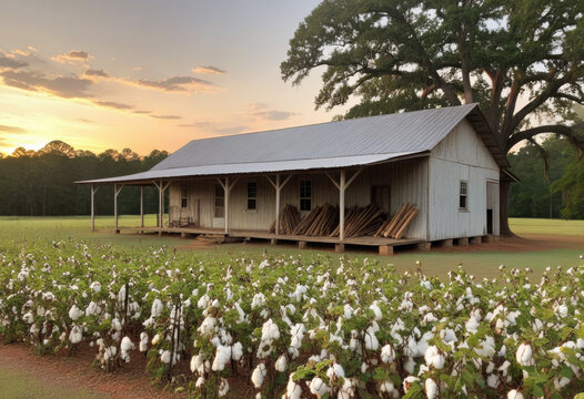 House at cotton fields in rural Alabama, open central breezeway, log pens, surrounded by cotton fields, sunset