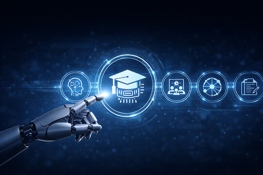 Artificial intelligence in education concept with robotic hand selecting digital learning and training interface