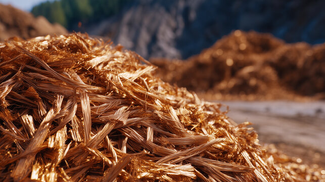 Heap of crushed and twisted copper scrap, close-up view, reflective metallic textures, industrial recycling operation, material recovery and sustainability concept, defocused backg