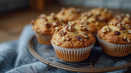 Homemade nutty muffins arranged on rustic wire rack, generous walnut pieces and streusel sprinkled on top, warm golden tones, cozy breakfast scene