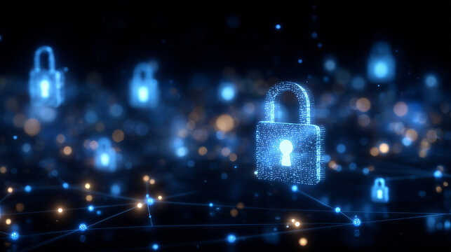 Futuristic abstract interface showing digital networks secured with holographic locks and shields, data protection and cybersecurity visualization, network threat defense system co