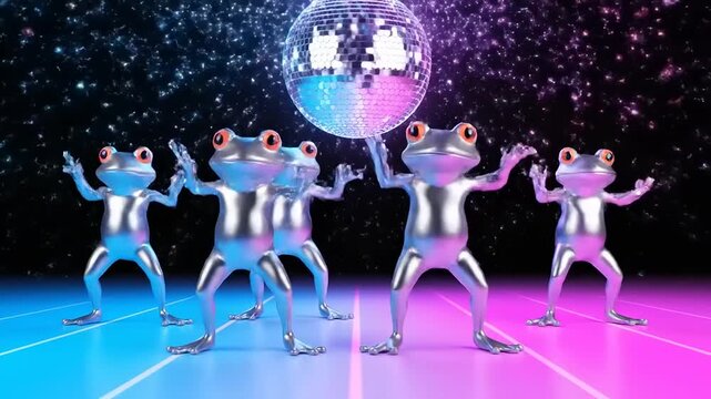 Dancing Frogs Disco Party Under Mirror Ball.