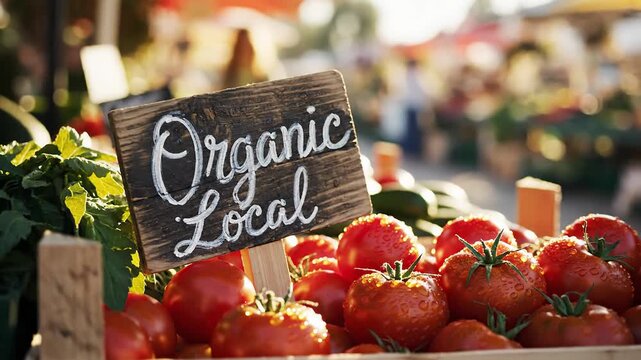 Fresh organic tomatoes at a local farmers market stall, close-up on sign