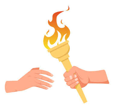 One hand passes burning torch to other arm. Passing baton. Olympic fire. Championship victory torchlight. Sport tournament. Flambeau combustion. Athletic competition. Vector concept