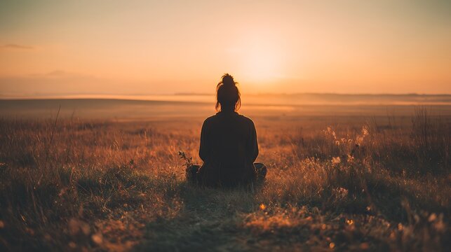 person sitting peacefully in vast morning field, concept of stillness and mindfulness, natural light, 