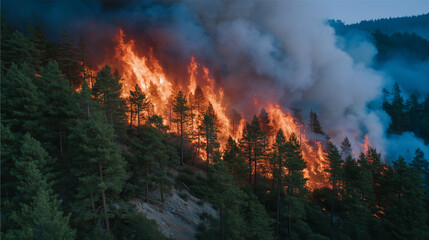 Fototapeta premium Wildfire spreading rapidly through pine woodland, trees ablaze, thick smoke cloud drifting, timber burning, climate crisis visualization, ecological emergency scene