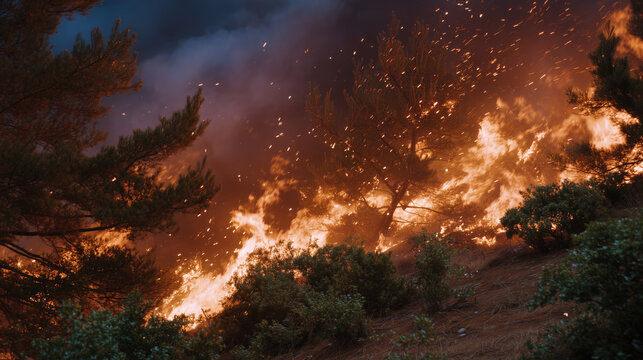 Close-up of burning pine trees, glowing embers and fire sparks, wildfire consuming forest under dry conditions, dramatic environmental catastrophe depiction
