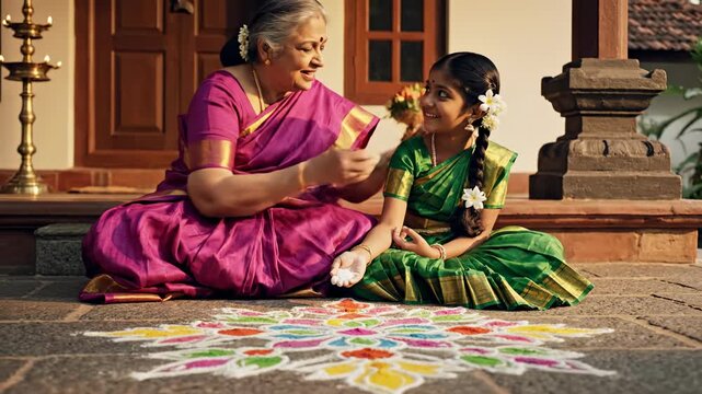 Warm Interaction Between Grandmother And Granddaughter Creating Colorful Rangoli Pattern Outside Traditional Indian House During Golden Hour Sunlight