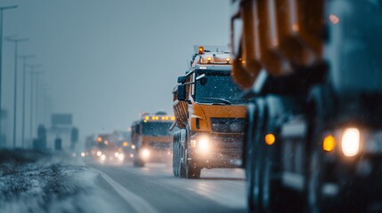 Naklejka premium Trucks drive along a snowy road in winter under gray skies while working on road maintenance