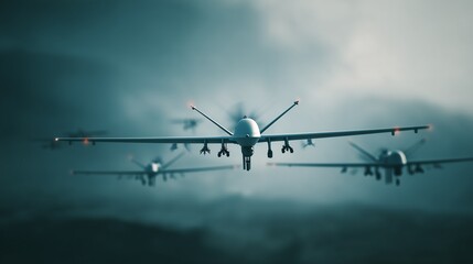 Drones flying in formation over a cloudy sky during a military exercise in the evening light