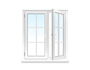 Obraz premium Illustration featuring a white, open window against a stark white background, showcasing glass panes and a partial open view