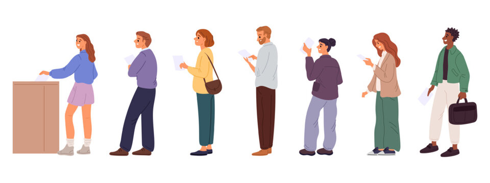 Men and women stand in line to vote in election. People cast their ballots into voting box. Voters waiting queue. Democracy presidential questionnaire. Public referendum. Vector concept