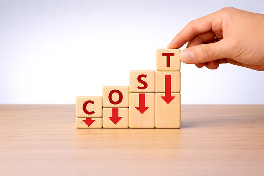 Cost reduction strategy concept on wooden cubes with decreasing arrows symbolizing savings efficiency and profit increase