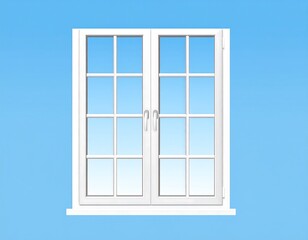 Obraz premium Illustration of a double-hung window with a bright white frame and paneled glass, set against a gradient blue sky backdrop