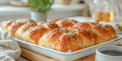 Freshly baked golden bread rolls topped with mixed seeds, arranged in a baking tray on a wooden table in a bright, cozy kitchen setting.