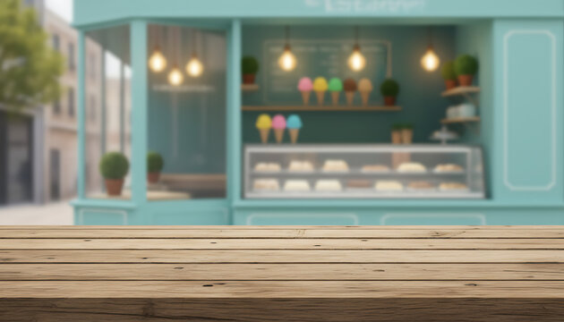 Wooden tabletop with a blurry light blue ice cream parlor background
