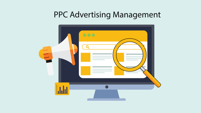 Computer screen displaying search results with magnifying glass and megaphone