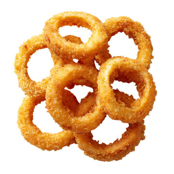 Crispy golden fried onion rings piled together, a delicious and popular snack or side dish