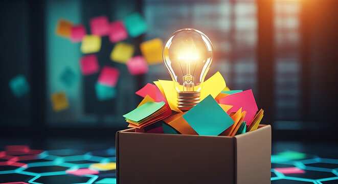 Glowing light bulb inside a box filled with colorful sticky notes in a creative office