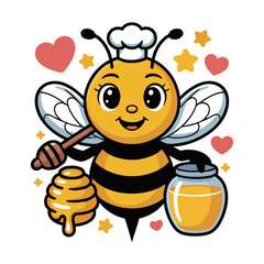 Cute bee holding honey dipper cartoon vector illustration, easily editable.