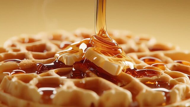 Golden syrup pouring over waffle with butter