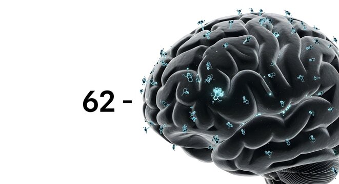 Detailed 3 D Rendered Brain with Blue Microbes or Particles Floating Around It and Number 62