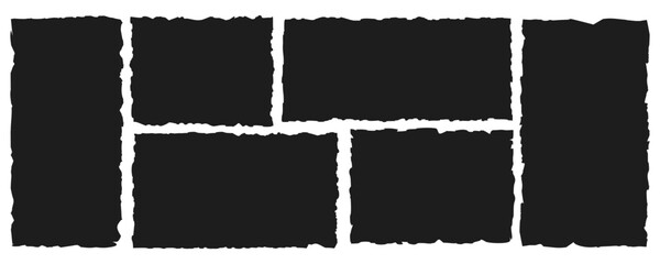 Black ripped paper vector set. Jagged rectangle frames, scrap torn silhouettes, grunge texture shapes for collage, stickers, banners, labels and graphic design, isolated on white background