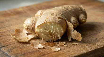 Obraz premium Fresh ginger root cut open with peel on wooden cutting board
