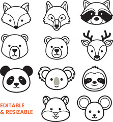 Obraz premium Minimalist forest animal head collection featuring outline designs of fox wolf and raccoon