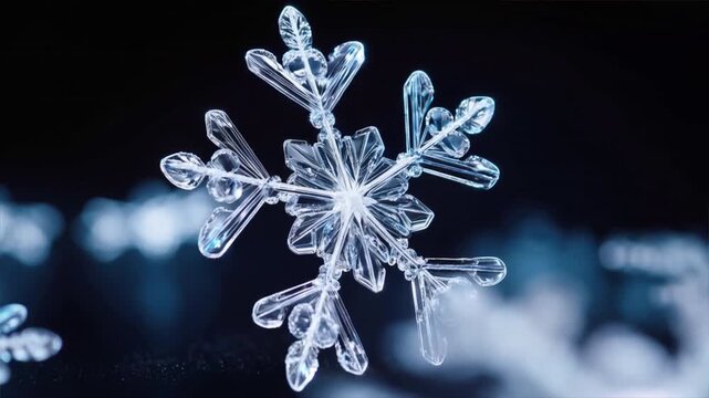 A stunning close-up of beautiful snowflakes, showcasing intricate patterns and sparkling details against a dark background.