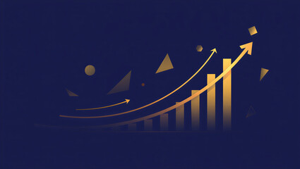 Golden bar graph and upward trending arrows with geometric shapes on a dark blue background, illustrating financial growth, success, and positive trends.