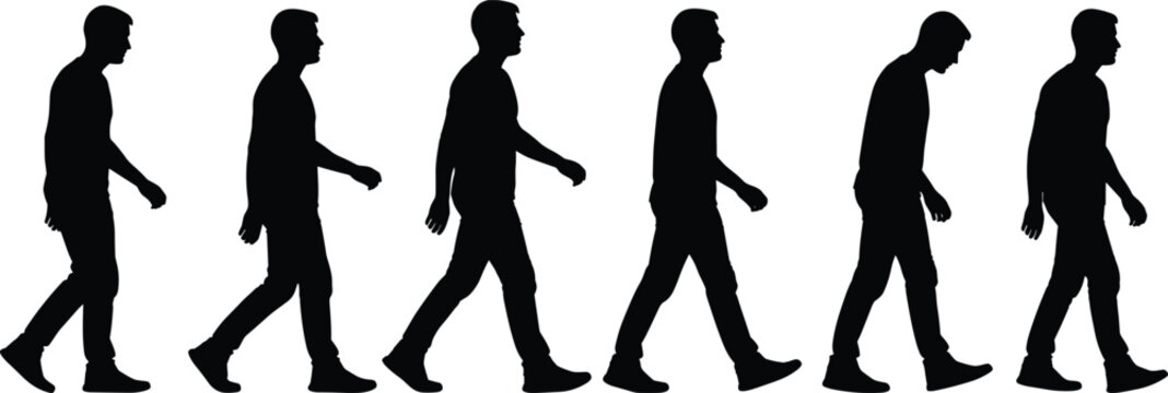 Black silhouette sequence of man walking showing human motion stages, gait cycle progression, side view on white background