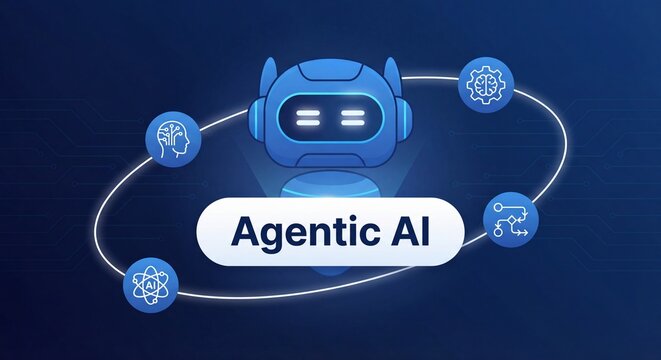 Agentic AI concept illustration with blue robot head and autonomous workflow icons
