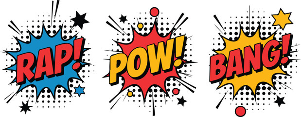 Comic Book Sound Effect Vector Set  RAPOW and BANG with Stars and Dots © Popular design