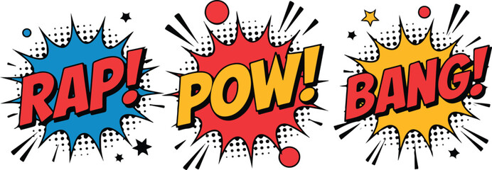 Comic Book Sound Effect Vector Set  RAPOW and BANG with Stars and Dots © Creative design