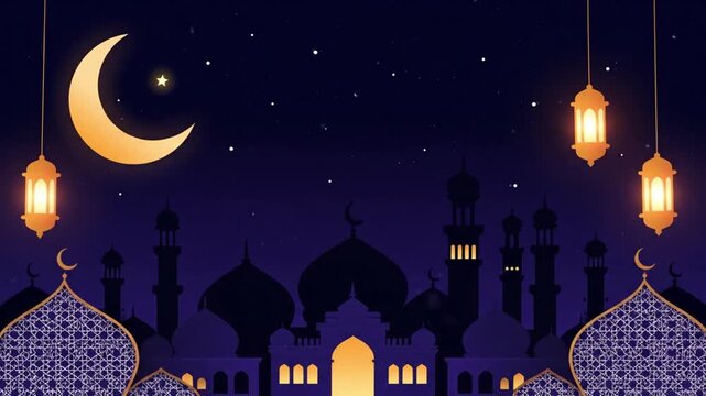 A beautiful animated Islamic background featuring a glowing golden crescent moon, hanging traditional lanterns (fanoos), and a silhouette of a mosque skyline against a starry purple night sky.