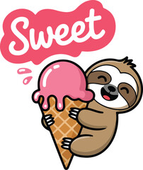 Cute Baby Sloth Outline Icons Set  Sloth Hanging on Ice Cream