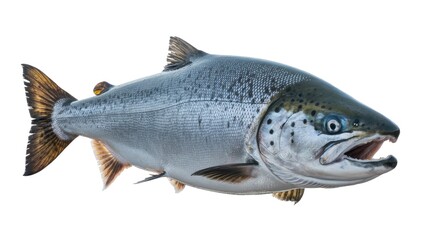 Obraz premium A vibrant Atlantic salmon with silvery scales and dark spots, captured in a detailed studio shot against a clean white background.