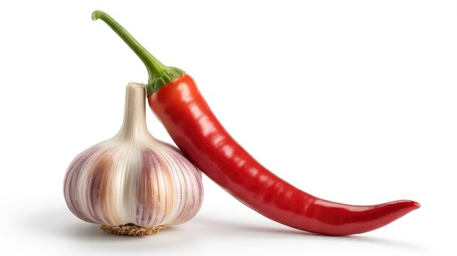 Fresh red chili pepper and garlic bulb on white background