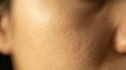 Close-up of human skin texture showing pores, blemishes, and natural imperfections, highlighting the details of facial features and skin condition