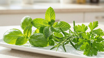 Fresh green herbs including basil, mint, rosemary, and parsley arranged on a white plate in a bright kitchen setting with natural light