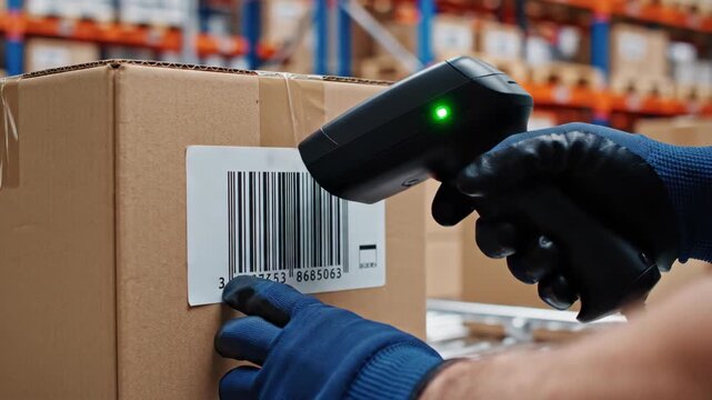 Person scanning barcode on a cardboard box with a handheld scanner in a warehouse. Efficient logistics and inventory management process. Supply chain technology