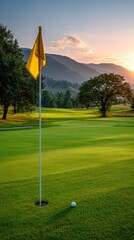 Obraz premium Golden hour golf course serenity with flag and ball near the hole