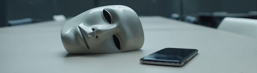 Fototapeta premium White mask lies on table next to smartphone symbolizing digital identity and importance of digital literacy in modern communication and privacy