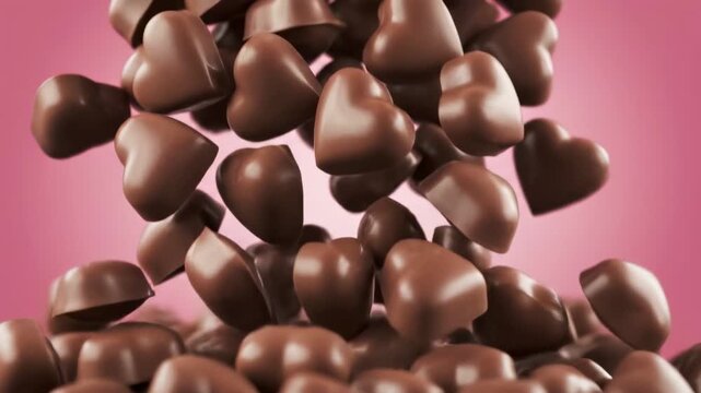 milk heart shaped chocolate pieces falling from the top on pink background Valentine day concept 